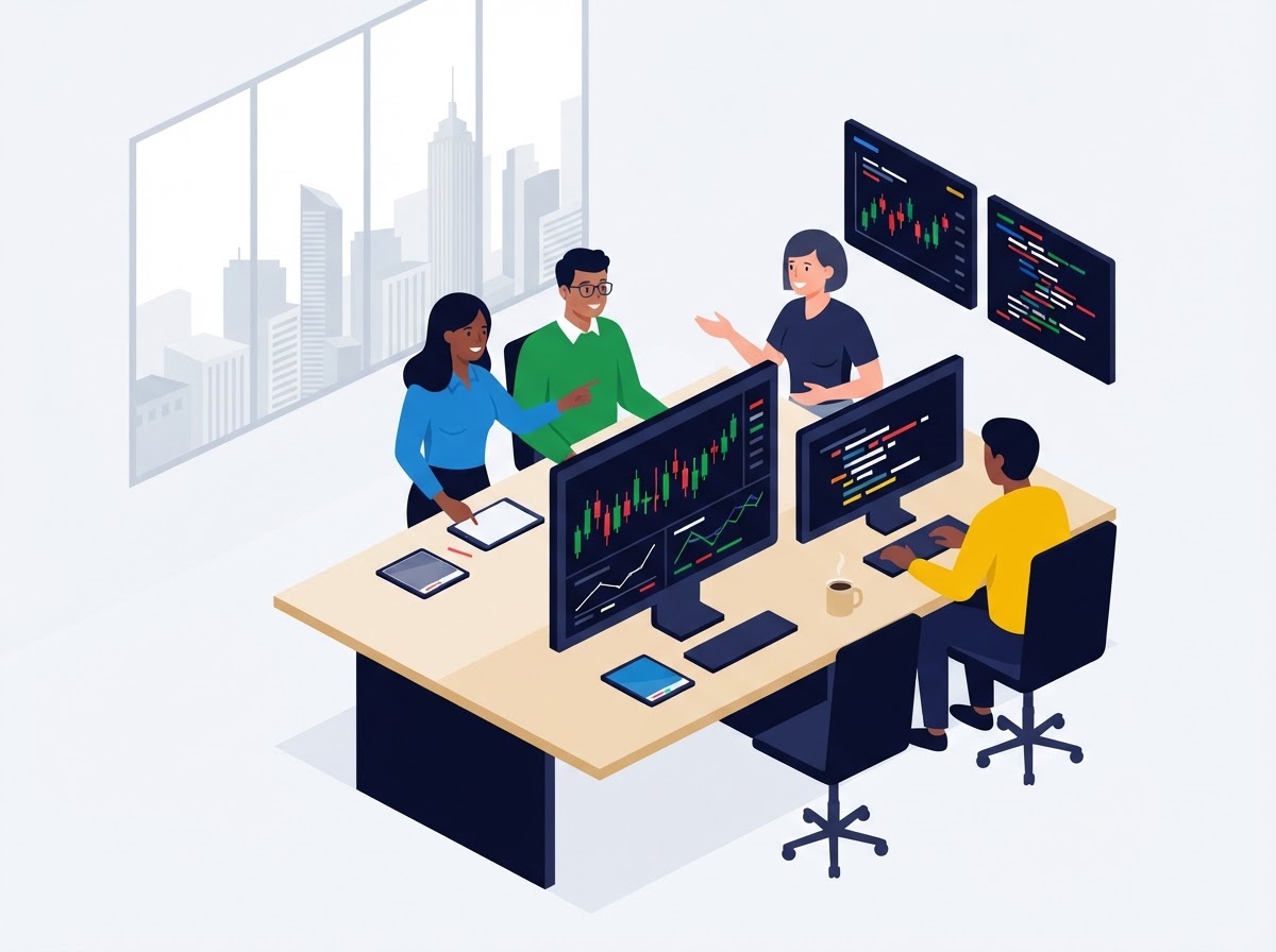 Illustration of engineers and traders collaborating around trading screens