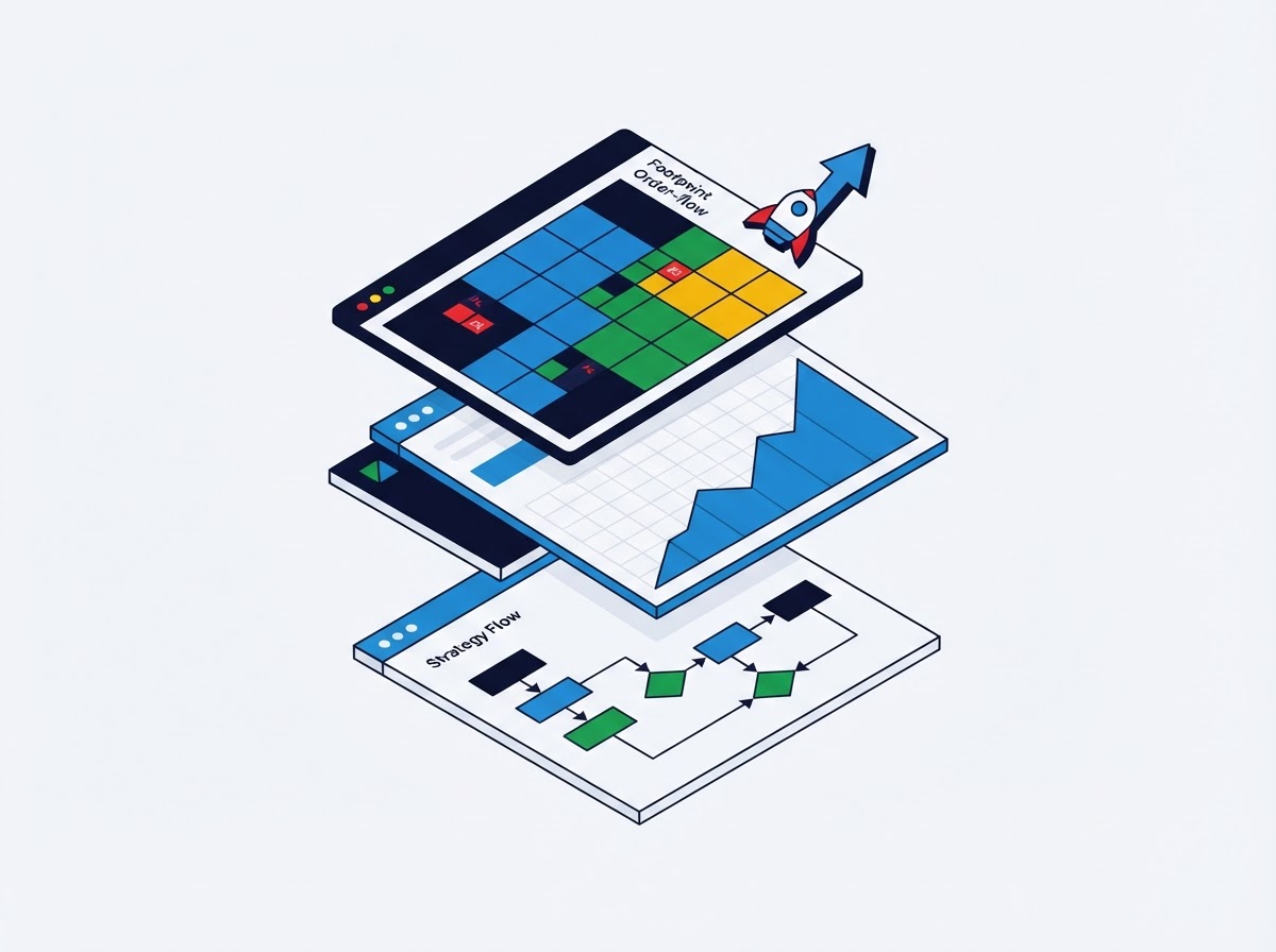 Quantitative trader analyzing order flow footprints and delta imbalances on high-resolution screens